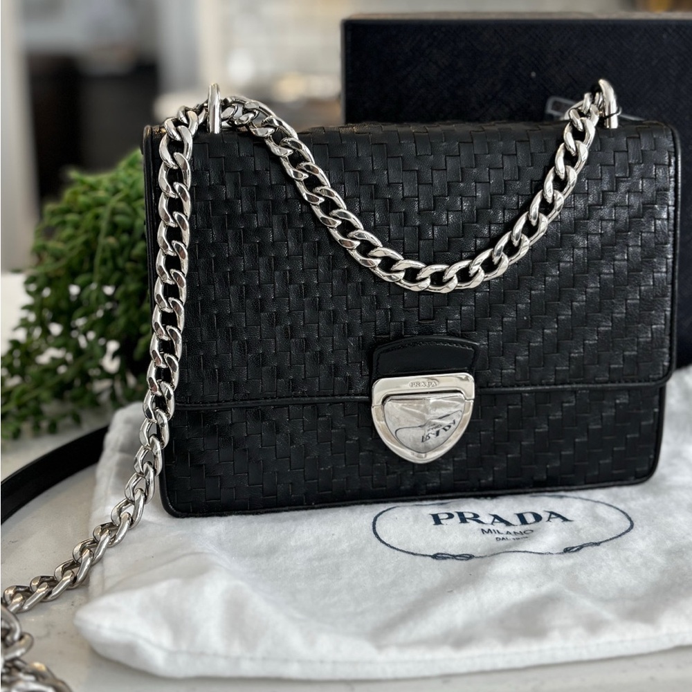 SOLD! Black Woven Crossbody Bag with Silver Chain